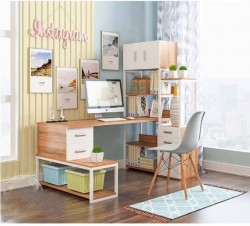 Bàn học cho bé chân sắt mặt gỗ có kệ sách BSK37