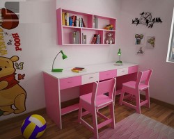 Bộ bàn học đôi màu hồng dài 1m8 + ghế và kệ BHD08