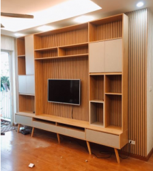Kệ gỗ để tivi phòng khách trang trí vách KTV34