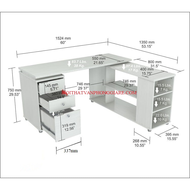 Bàn làm việc chữ L liền kệ và tủ di động BGK61